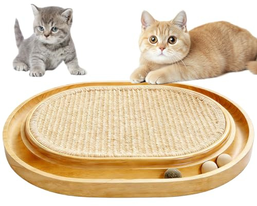 Griffoir pour chat en sisal 2 en 1 avec bois de pin massif et sisal naturel et balles d'herbe à chat, griffoir pour chat et tapis pour jouer et se détendre pour tous les chats, 43 x 33 x 3 cm