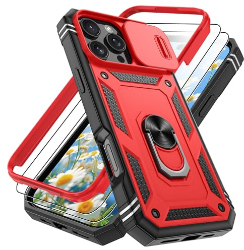 Pilaru 3 in 1 for Phone Case iPhone 16 Pro with Front Frame |2 Separate Screen Protector| Kickstand Ring & Camera Cover Military Grade Drop Shockproof Protection for iPhone 16 Pro,Red/Black