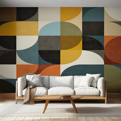 Generisch Vlies Fototapete Mid Century Modern 450x315 cm, Tapete Bunt Tapeten Vliestapete Wohnzimmer Geometrisch Geometrie Boho Schlafzimmer Wandtapete Ornamente Mustertapete W&2