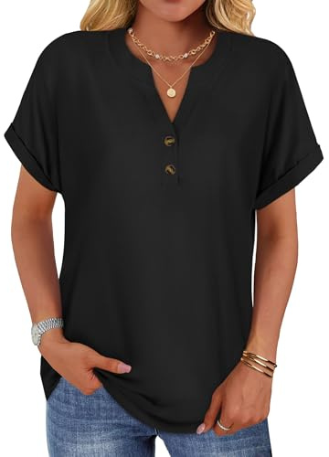 Womens Button Down T Shirts Short Sleeve V Neck Summer Tops Loose Tees | soft and breathable, rolled up cuffs with curved hem, basic solid color, versatile tshirt for daily wear