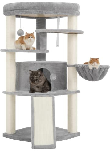 Gitelsnour Arbre à Chat d'angle, Tour de Jeux pour Chats intérieur, Multi-Niveaux Tour Chat avec poteaux à griffer entièrement en sisal, Niche, Grande Plateforme, Panier Suspendu, Gris Clair GCT025W