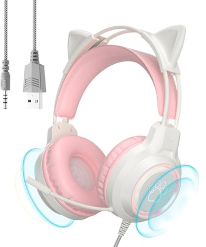 Generisch Computer Game Headphone with Wire - Noise Cancelling Headset | Cat Ear Design with Light, 40mm Speaker for Calls Study Video Watching Home Dorm Use
