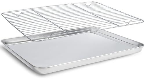 Baking Tray with Wire Rack Fit for Oven/Microwave/Bread Machine, Coating-Free Non-Stick Baking Pans for Cookies/Bacon/Meat Dishwasher Safe (23-17-2.5)