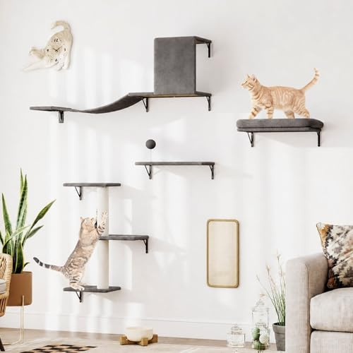 Summer Island 5-IN-1 Cat Wall Shelves Set, Wall Mounted Cat Furniture with Cat Tree & Scratching Post, Cat Climbing Wall Set Floating Cat Perches for Indoor Cats (GREY)