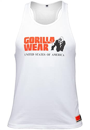 Gorilla Wear Classic Fitness Tank Top - weiß - Bodybuilding Sport Freizeit mit Logo Aufdruck leicht und bequem für optimale Bewegung aus Baumwolle, L