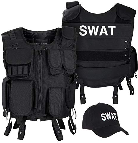 Black Snake SWAT FBI Security Police Agenten Kostüm Einsatzweste und Baseball Cap (SWAT, M/L)