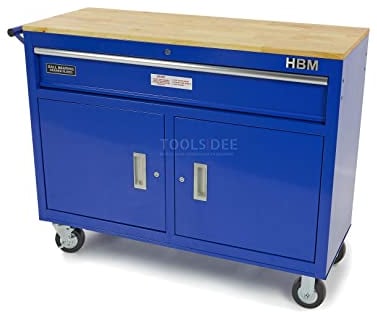 HBM Mobiler Werkzeugwagen mit Holzarbeitsplatte - 117 cm - Blau