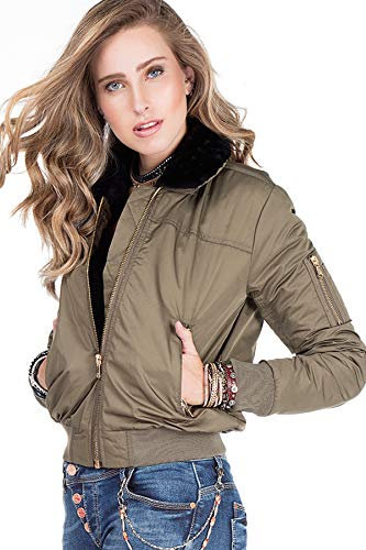 Cipo & Baxx Damen Jacke WJ141 Khaki – Klassische Bomberjacke im Casual Streetwear Look mit Reißverschluss & Fellkragen – Stylische Übergangsjacke für Alltag & Freizeit – WJ141 Khaki M