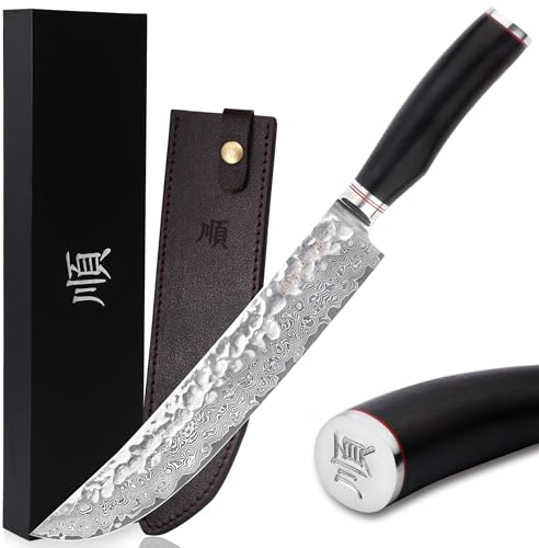 YOUSUNLONG Cuchillo Cimitarra - 254 mm Cuchillo de Carnicero - Cuchillo Curvo Para Carne - Acero de Damasco Japonés Martillado - Mango de Madera de Plomo Natural Con Funda de Cuero