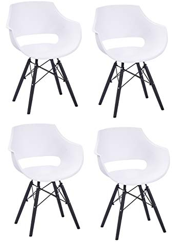 SAM 4er Set Schalenstuhl Lea, Weiß, ergonomisch geformte Sitzschale aus Kunststoff, bequemer Esszimmerstuhl im Retro-Design, schwarzes Holzgestell