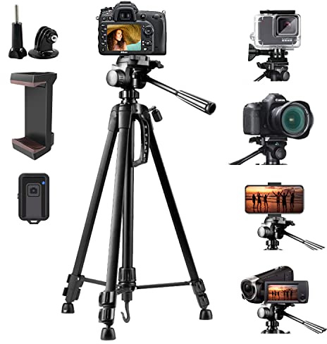 Camera Tripod, EVERESTA 55 Camera Phone Tripods Stand for DSLR, Gopro Extendable Tall Tripod with Remote Shutter and Cell Phone Mount