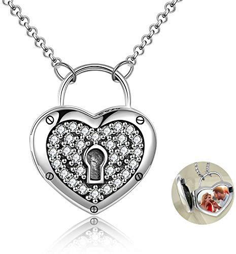 VONALA Lock Locket Necklace 925 Sterling Silver Heart Lock and Key Necklace that Holds Pictures for Women Mom Jewellery