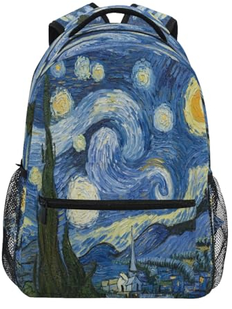 JUMBEAR Van Gogh Kinder-Rucksack, Motiv: Sternennacht, für Laptop, Reisen, Mittelschule, Studenten, Leinen, Büchertasche, leicht, Business, wasserdicht, Schultertasche, Tagesrucksack für Damen und