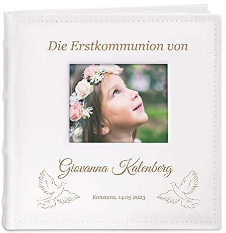 Maverton Einsteckalbum + mit Gravur - 21x22cm - Fotoalbum für 200 Fotos 10x15cm - 100 Seiten - Weiß - Geschenk für Kind zur Geburt Taufe Kommunion, Geburtstagsgeschenk - Tauben