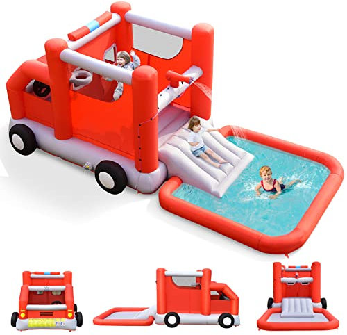 COSTWAY Toboggan Aquatique Gonflable pour Enfants sur Le Thème Voiture de Pompiers avec Piscine à Eclaboussures, Zone de Rebond,Ballon de Basket sans Gonfleur