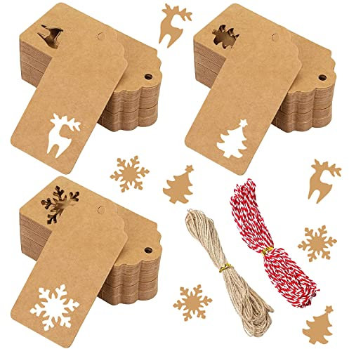 150 Stück Weihnachten Kraftpapier Etiketten, Weihnachtsgeschenkanhänger, Geschenkanhänger Kraftpapier Tags Anhängeschilder mit 10m Hanfseil + 10m Rotes Seil für Dekorieren von Weihnachtsbaum