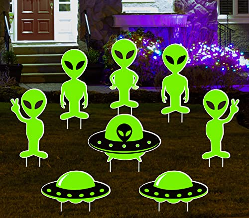 Whaline 8 Stück Halloween-Hofschild mit 16 Stück Pfähle, die im Dunkeln leuchten, Alien-UFO-Rasenschild, großes Halloween-Hof-Dekorationen für Halloween, Zuhause, Dekoration, Alien-Partyzubehör