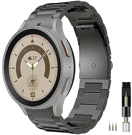 Miimall Kompatibel mit Samsung Galaxy Watch 7/FE/6/5/5 Pro/4 Armband 40mm 44mm 45mm, Titanstahl Metall Doppelte Faltschließe Verstellbares Armbänder für Galaxy Watch 6 Classic 43mm 47mm-Dunkel Grau