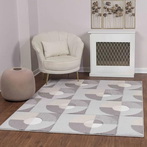 Livabliss Albi Geometric Rug - Scandi Area Rugs Living Room 120x170 cm, Dining, Kitchen - Neutral, Abstract Patterned Rugs, Boho Style, Easy Care Pile - Large Rug, White, Grey and Beige