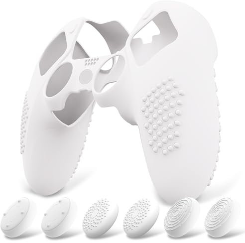 PlayVital Funda de Silicona Antideslizante para ps5 Edge - Carcasa Protectora con 6 Tapas de Joysticks, Cubierta de Goma Tacto Suave, Protector de Mando, Diseño 3D Tachonado (Blanco)