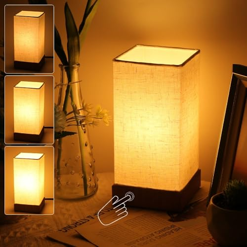 HSLighting Bedside Lamps, Touch Lamp Bedside 3-Way Dimmable Table Lamp with Square Wooden Base LED Light Bulbs Desk Lamp Minimalist Nightlight for Bedroom Living Room Children's Room Bed Side Decor