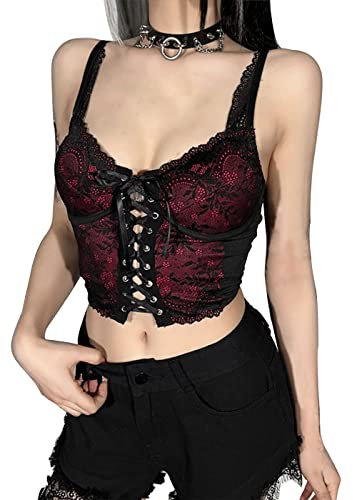 DINGJIUYAN Gothic top,Camisole Tops for Women,Goth Tops for Women UK,Fishnet top,Crop top alternatve,Womens Sexy Tops,y2k top,Fishnet top Woman,Gothic Tops for Women Red Sleevless M