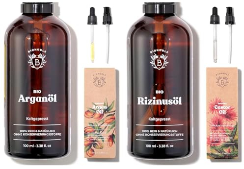 Bionoble Arganöl Bio 100ml - 100% Rein, Natürlich und Kaltgepresst & Rizinusöl Bio 100ml - 100% Rein, Natürlich und Kaltgepresst
