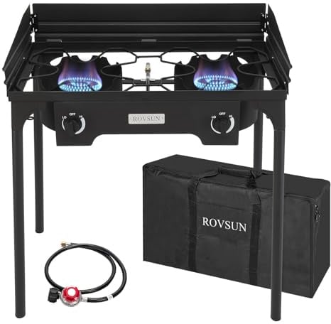 ROVSUN - Estufa de gas propano para exteriores de 2 quemadores con panel de viento, bolsa de transporte y regulador, cocina de soporte de 150.000 BTU para patio trasero, camping, elaboración de