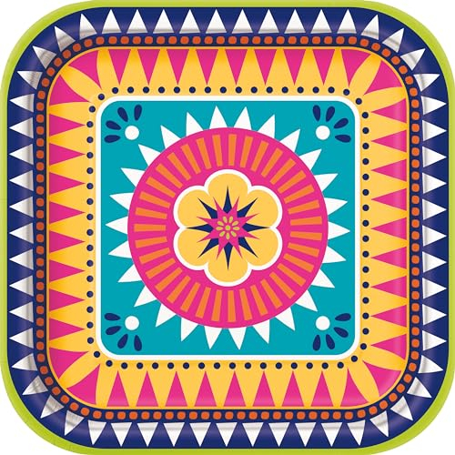 Unique- Piatti Quadrati di Carta Ecologici-23 cm-Boho Fiesta Party-8 Pezzi (Confezione da 1), Multicolore, 73445EU