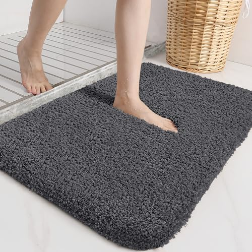 DEXI Tapis Salle de Bain Antidérapant 40 x 60 cm, Super Absorbant à Poils Longs, Extra Epais et Moelleux en Microfibre, pour Toilettes, Douche, Gris foncé