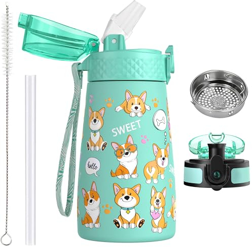 350ml/12oz Borraccia per Bambini in Acciaio Inossidabile con Cannuccia per Scuola con 2 Diversi Coperchi Bottiglie d'acqua Isolate Sottovuoto in Metallo Fiaschetta per Bevande Fredde Calde Senza BPA