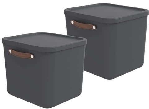 Rotho Maloja Aufbewahrungsbox mit Deckel 2er-Set 40 L stapelbar Anthrazit | Aufbewahrungsboxen im 2er-Set, sicher stapelbar und modular, ergonomische Griffe, 40 kg Tragkraft, 97 % Recyclingkunststoff