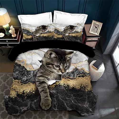 VTRXEG Katzen Bettwäsche 135x200,3D Katzenmotiv Mikrofaser Bettbezug, Haustier Katze Bettwäsche Sets 3teilig,mit Reißverschluss + 2 Kissenbezüge 50 x 75cm (B, 135x200cm)