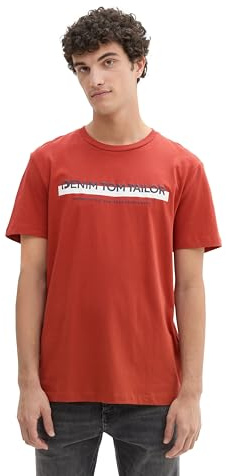 TOM TAILOR Denim Herren Slim Fit T-Shirt mit Logo-Print aus Baumwolle, velvet red, XL