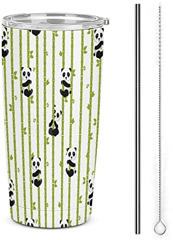 Panda Bamboo - Bicchiere in acciaio inox da 590 ml, tazza termica con coperchio e cannuccia e spazzole per cannuccia, tazza da caffè da viaggio a doppia parete