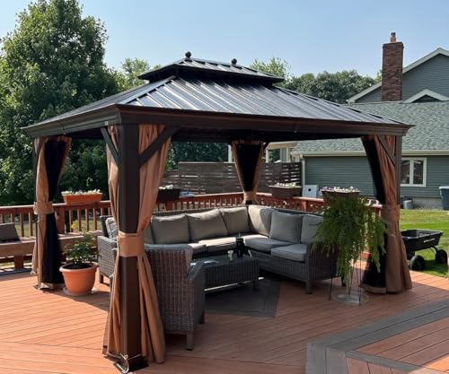 PURPLE LEAF Tonnelle de Jardin Exterieur 3,65 x 3 m Tonnelle Aluminium avec Guirlande Lumineuse Exterieure et Rideaux Moustiquaires Pavillon de Jardin à Double Toit Acier Galvanisé, Bronze