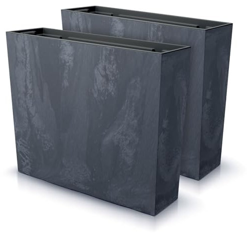 IMJ-Global Juego de 2 macetas rectangulares para flores y plantas Urbi Case, efecto Beton, de plástico, 58 x 18 x 49,8 cm, para interior y exterior, negros, 44 litros, diseño moderno