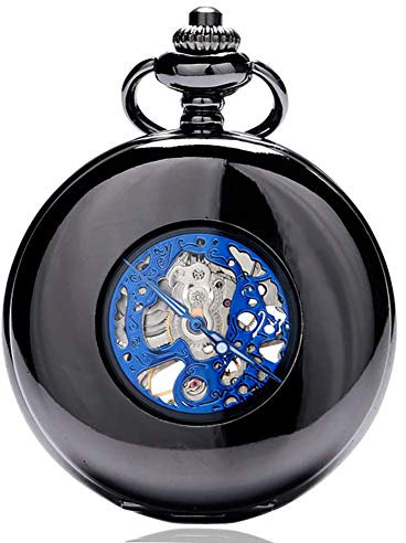 KXQYIKYI Taschenuhr für Herren, Schwarze mechanische Taschenuhr mit Handaufzug für Damen und Herren, Taschenuhr und Kette mit Gravur