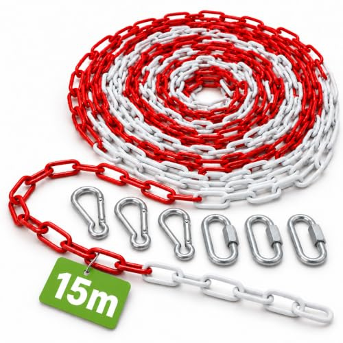 Ferropro Absperrkette Ø6mm x 15m rot weiß Metall - Stahlkette verzinkt - inkl. 3x Notglied & Karabiner