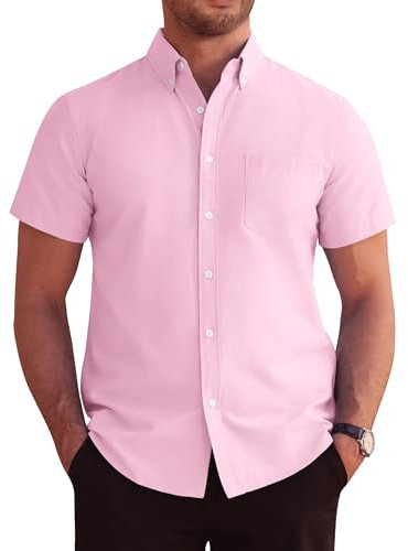 J.VER Mens Pink Short Sleeve Shirts Smart Casual Regular Fit Non Iron Button Down Oxford Business Office Work Summer Dress Cotton Shirt 3XL