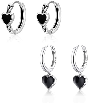 2 Pairs Women Earrings 925 Sterling Silver Earrings Hypoallergenic Black Heart Hoop Earrings for Girls Teen Hoop Earrings Heart Drop