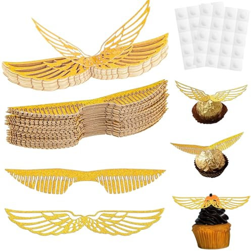 50 Pcs Gold Snitch Wings Golden Glitter Wings Chocolate Decoration Golden Wings Cupcake Toppers with Glue Point Dots for Birthday Wizard Theme Party Supplies