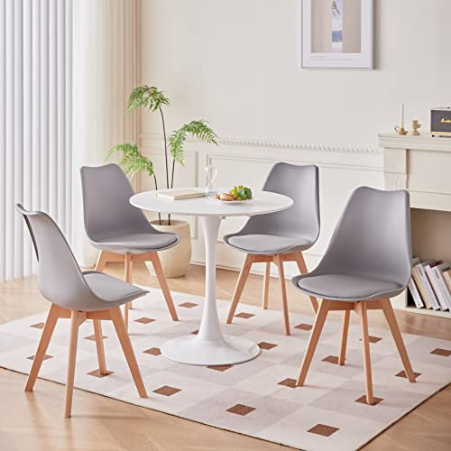TTATC Mesa de Comedor con Juego de 4 Sillas, Mesa de Comedor Redonda Blanca, 4 Sillas de Comedor con Patas de Madera de Haya, para Cocina, Sala, Comedor, Gray