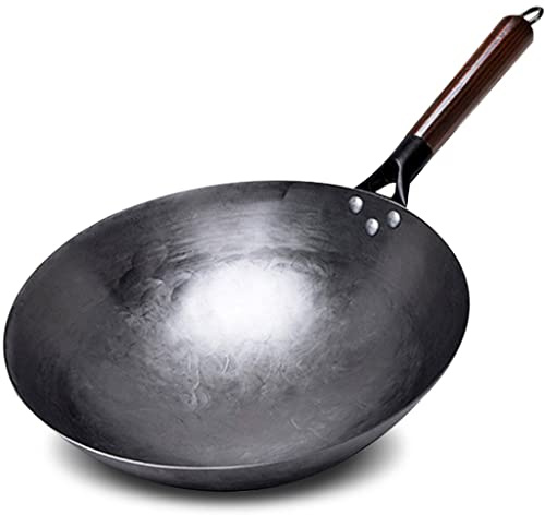 Haushaltseisen-Wok, Handschmiedeisenpfanne Holzhand Eisen Nicht-Stick Wok Pot Gaskocher Wok-30 cm (32 cm)
