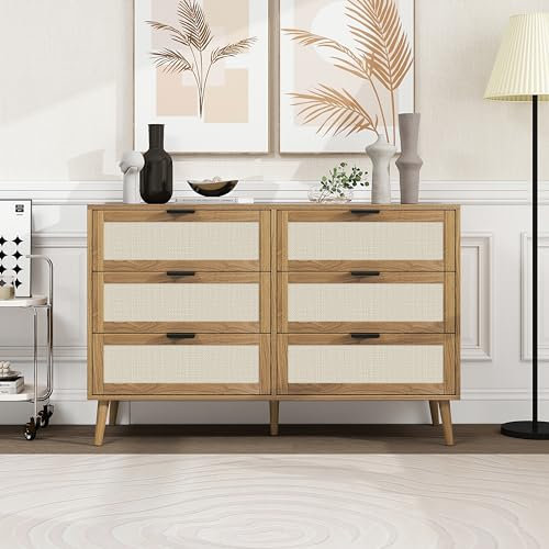 ComfortXL Commode 6 tiroirs, Aspect rotin, revêtement mélaminé Couleur Noyer, Pieds en Bois de pin pour Chambre, Salon, Bureau (118,5 x 40 x 80 cm)