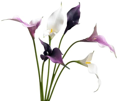Urier 6-teiliges Calla-Lilien-Kunstblumenset, Latex-Blumen mit Echtem-Touch, 55,9 cm lange Stiele, künstliche Blumen für DIY-Hochzeitssträuße, Party, Tischdekoration zu Hause (Weiß und Lila)