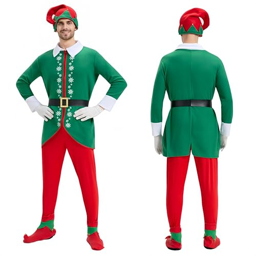6PCS ElfenKostüm für Männer Erwachsenen Anzug für WeihnachtenCosplay | Samt Baumwolle Gemisch Stoff, 5 Größenoptionen Großartig für Maskeradenbälle, Bühnenaufträge und Feiertagsveranstaltungen