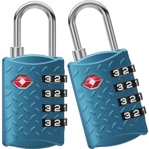 NovLock TSA Schlösser – Geriffeltes Kofferschloss mit 4-stelligem Zahlencode – Gepäckschloss für Koffer, Rucksack, Reisetasche oder Handgepäck – 2er-Pack, Blau