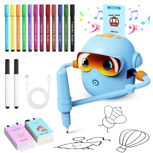 Malroboter für Kinder, Mal Roboter Kinder für ab 3 4 5 6 7 8 9 Jahre, Sprachgesteuerter Pädagogischer Zeichenroboter mit 100 Karten, 14 Stift & Musik, für Geburtstage von Jungen und Mädchen (Blau)