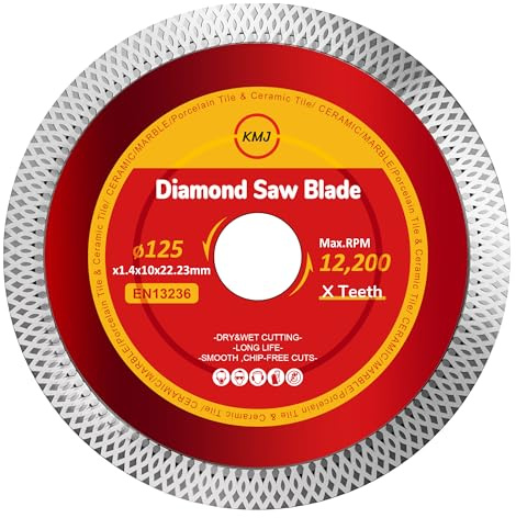KMJ A-Grade 1 Pack Mesh 125mm Diamond Cutting Disc – Wet Tile Cutting Disc for Angle Grinder, Ideal for Marble, Tiles, Ceramic & Porcelain Cutting - Size 125 x 1.4 x 10 x 22.23 mm